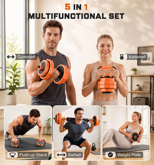 Adjustable Dumbbell Set with Barbell Connector, 5-in-1 Home Gym Free Weights for Full-Body Strength Training, Space-Saving Design for Apartments and Garage Gyms