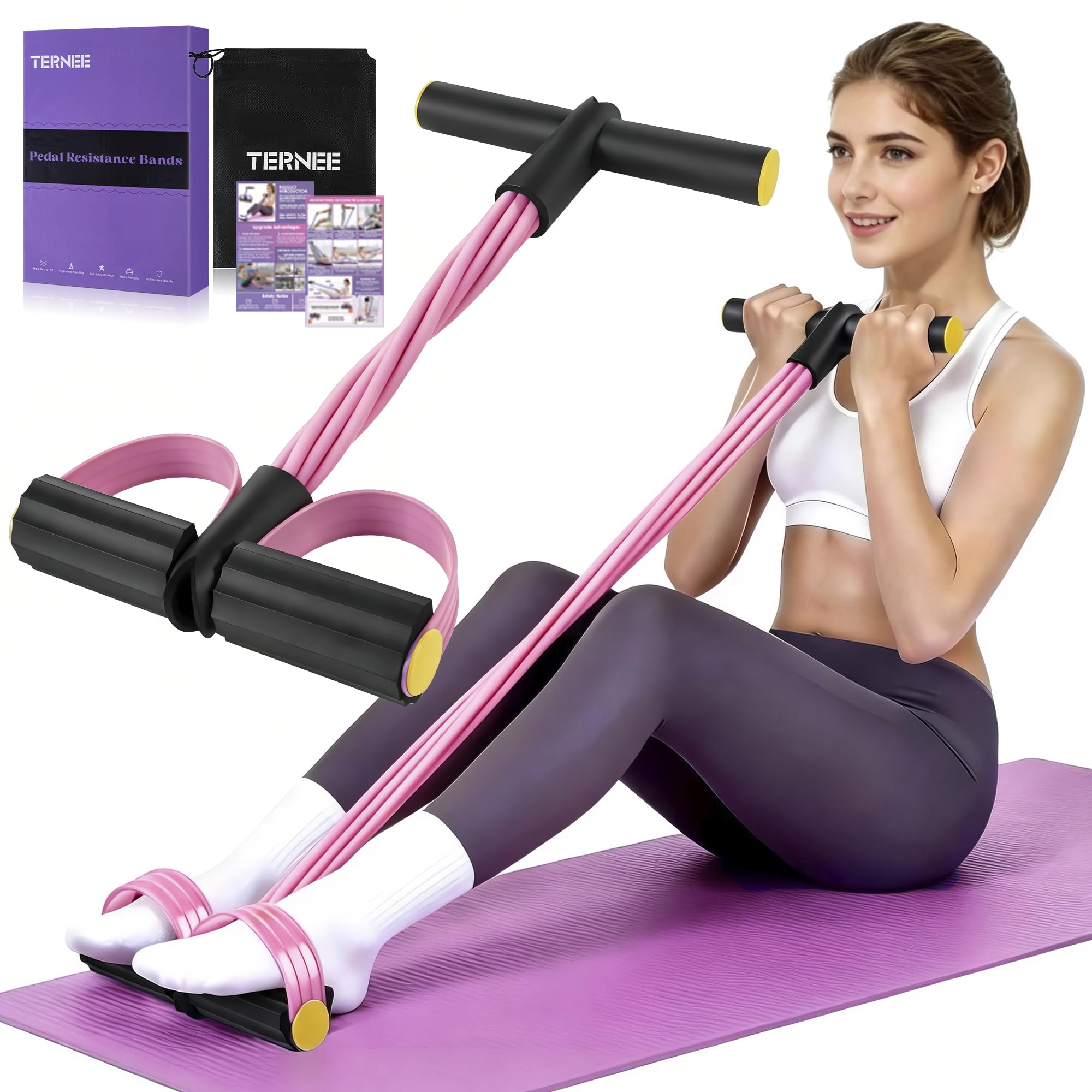 Pedal Resistance Band with Handle， Foot Pedal Resistance Band for Women，Multifunction Exercise Bands for Home Gym Full Body Workout