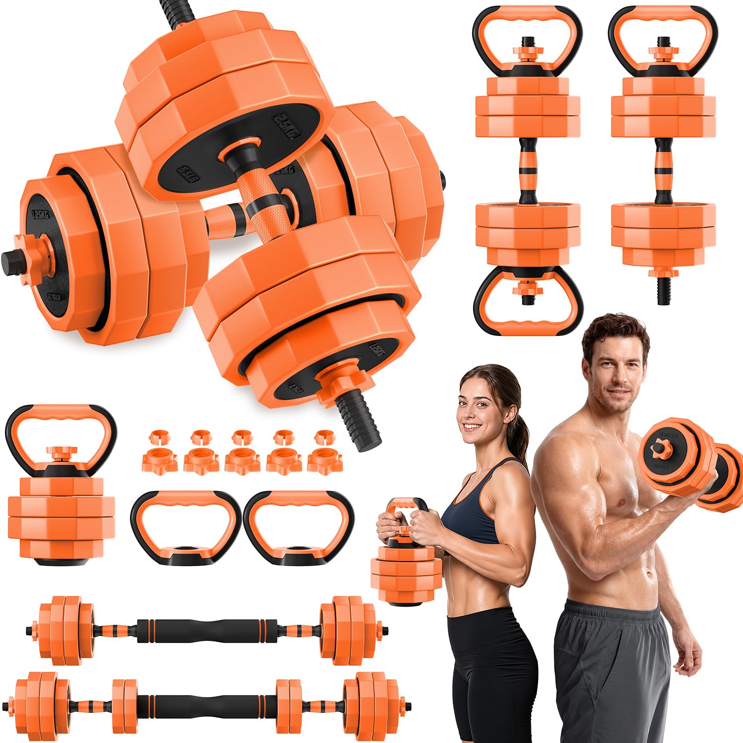 Adjustable Dumbbell Set with Barbell Connector, 5-in-1 Home Gym Free Weights for Full-Body Strength Training, Space-Saving Design for Apartments and Garage Gyms