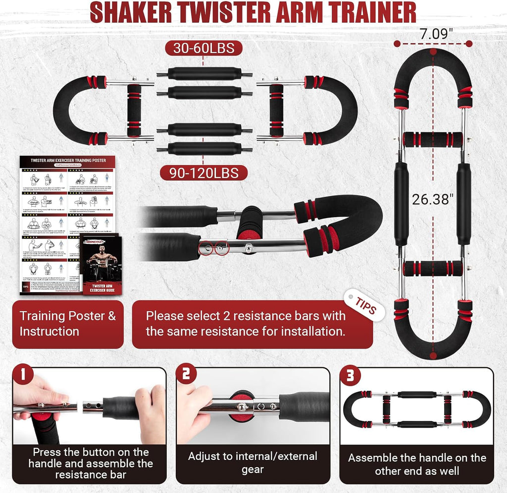 Twister Arm Trainer, 30-120 lbs Adjustable Chest Workout Equipment | 4 Spring & Poster for Men & Women, Detachable Power Twister Home Fitness Equipment for Enhancing Upper Body Muscle