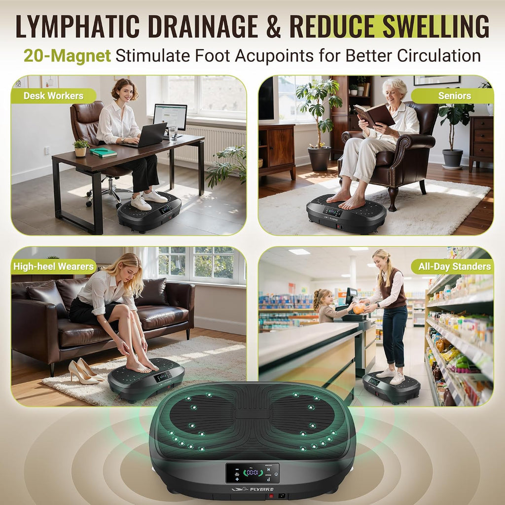 FLYBIRD Vibration Plate Exercise Machine for Lymphatic Drainage, Adjustable Levels Full Body Workout, Curved Vibration Plate with Powerful Motor for Weight Loss Fat Burner, Home Fitness Equipment