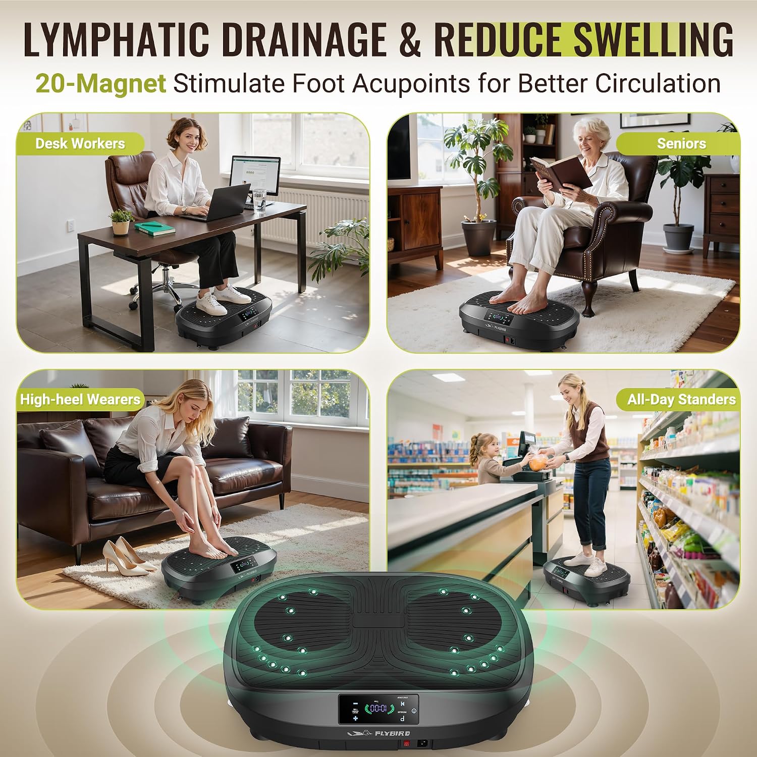 FLYBIRD Vibration Plate Exercise Machine for Lymphatic Drainage, Adjustable Levels Full Body Workout, Curved Vibration Plate with Powerful Motor for Weight Loss Fat Burner, Home Fitness Equipment