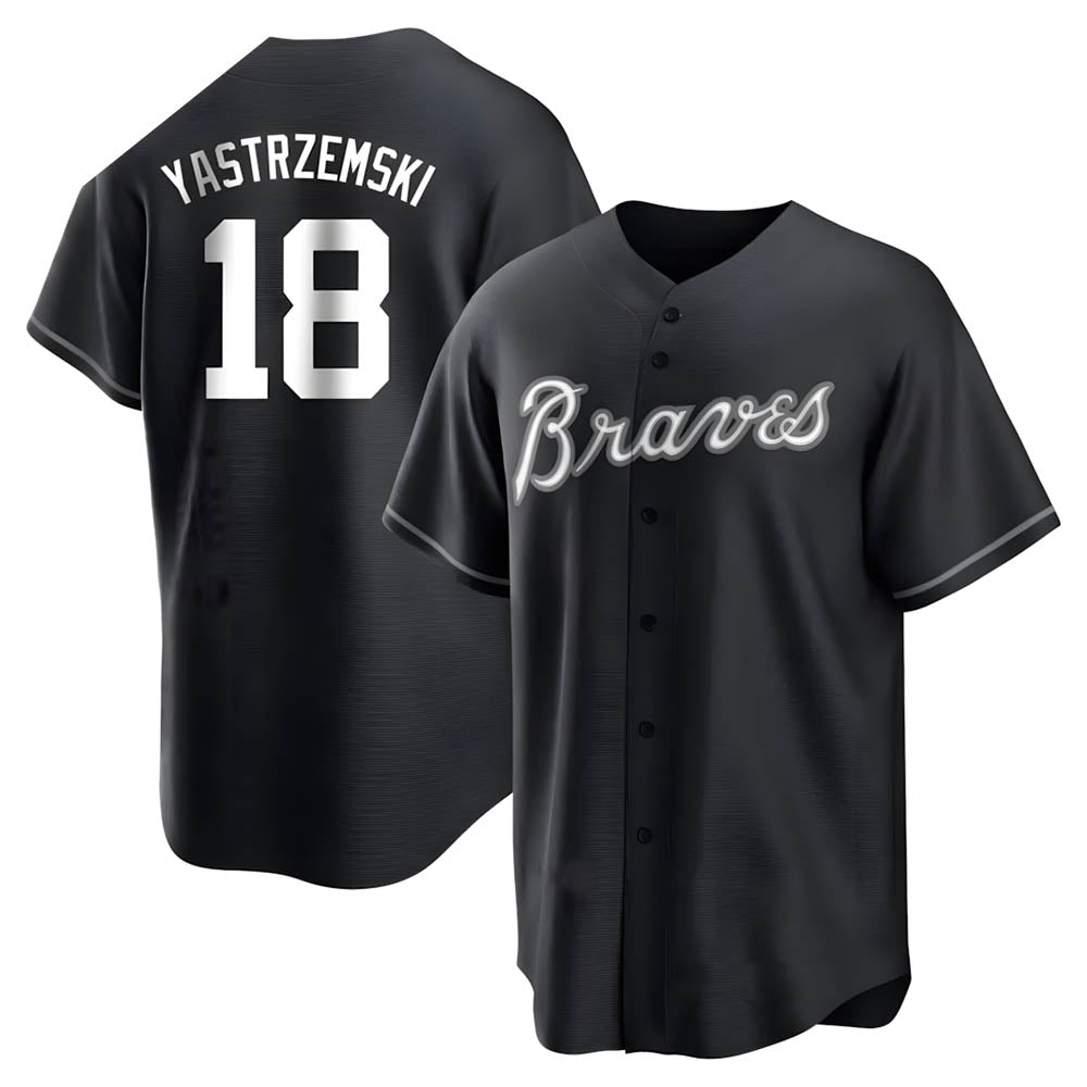 Punc A.Braves #18 Mike Yastrzemski player Black&White Replica Stitched Jerseys