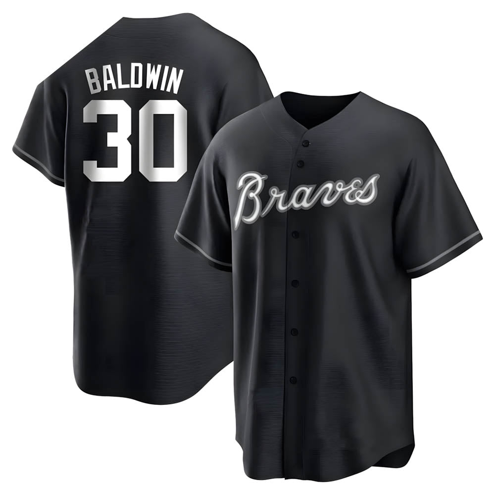 Punc A.Braves #30 Drake Baldwin player Black&White Replica Stitched Jerseys