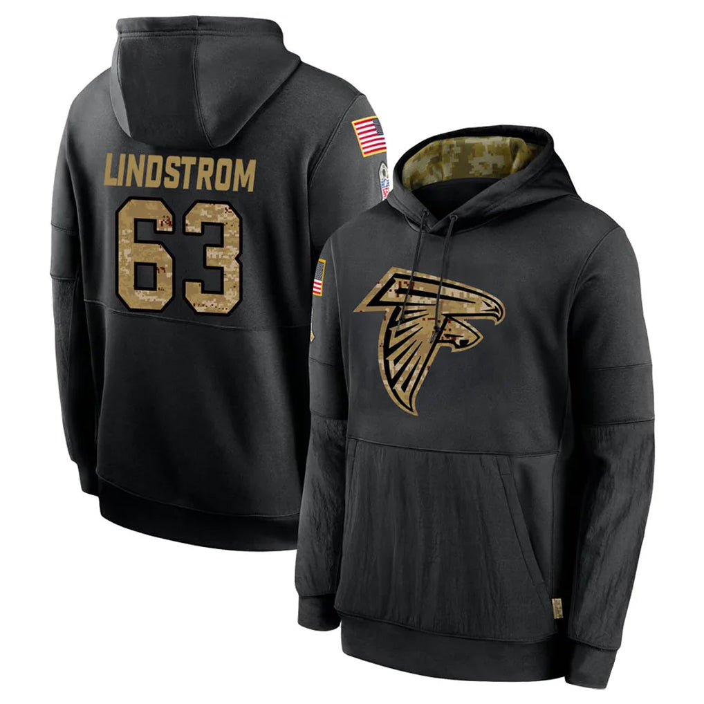 Punc A.Falcons #63 Chris Lindstrom Player Black Salute to Service Limited Black Hoodie Stitched Jerseys