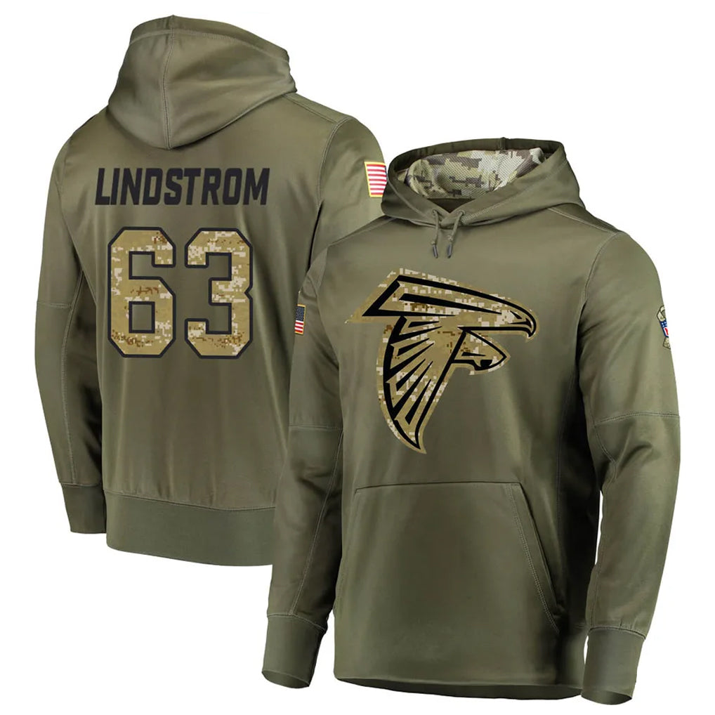 Punc A.Falcons #63 Chris Lindstrom Player Olive Salute to Service Club Fleece Hoodie Stitched Jerseys