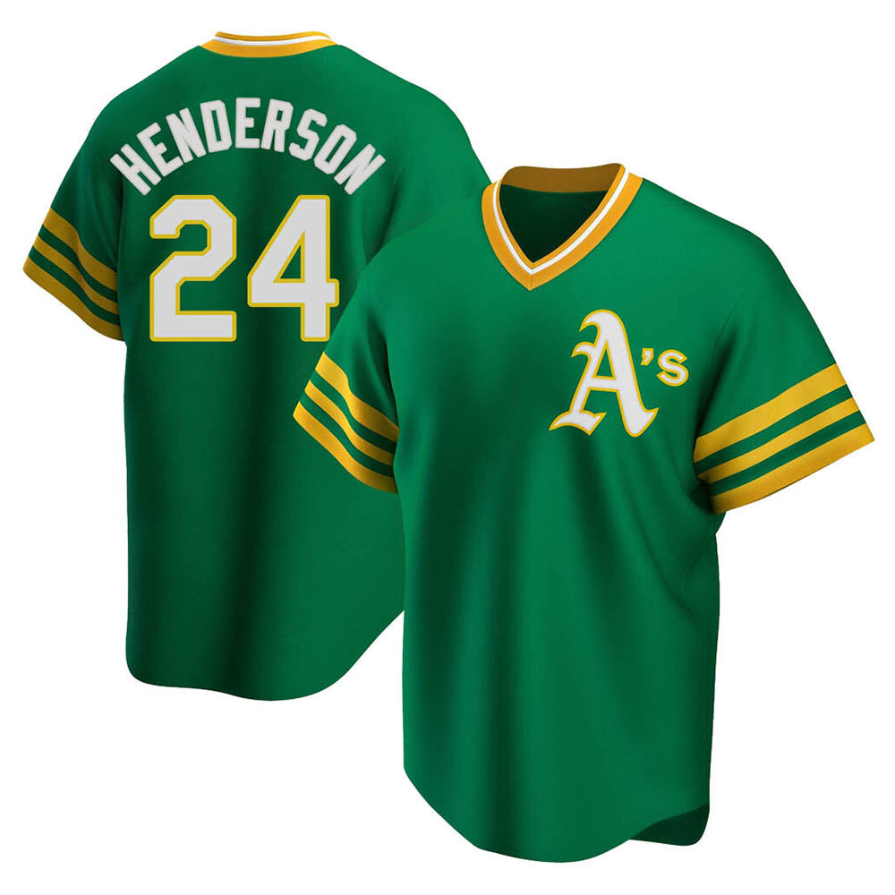 Punc Athletics #24 Rickey Henderson Player Green Replica Cooperstown Collection T shirt Stitched Jersey