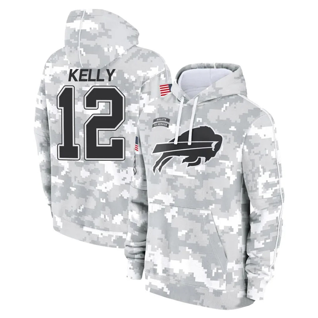 Punc B.Bills #12 Jim Kelly Player Arctic Camo Salute to Service Hoodies Limited Stitched Jerseys