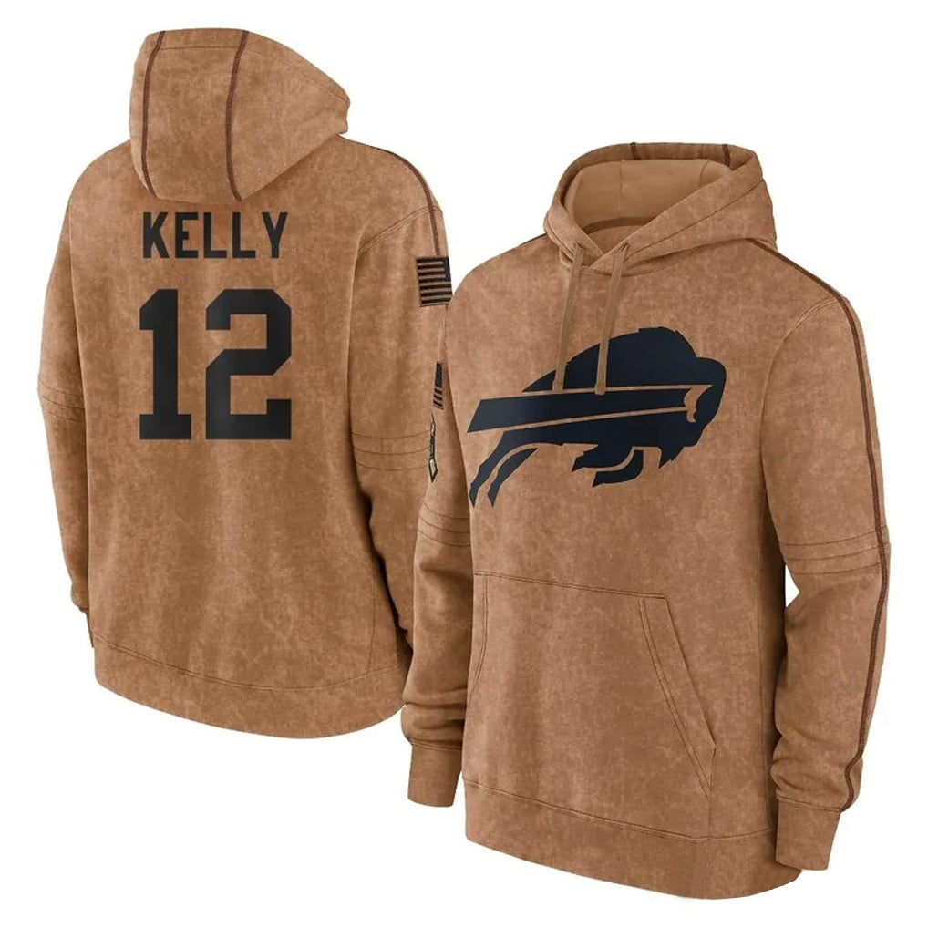 Punc B.Bills #12 Jim Kelly Player Brown Salute to Service Hoodies Stitched Jerseys