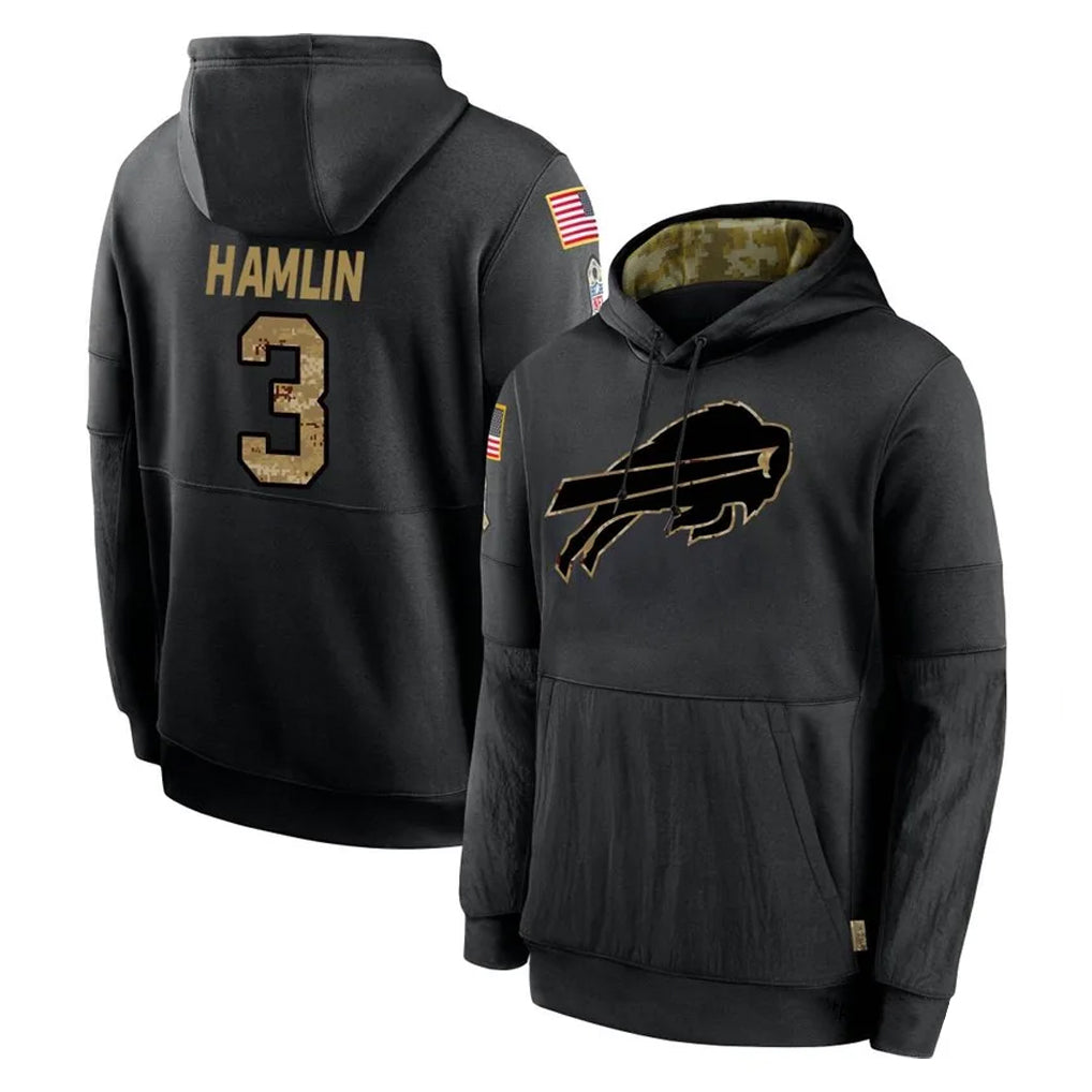 Punc B.Bills #3 Damar Hamlin Player Black Salute to Service Hoodies Stitched Jersey