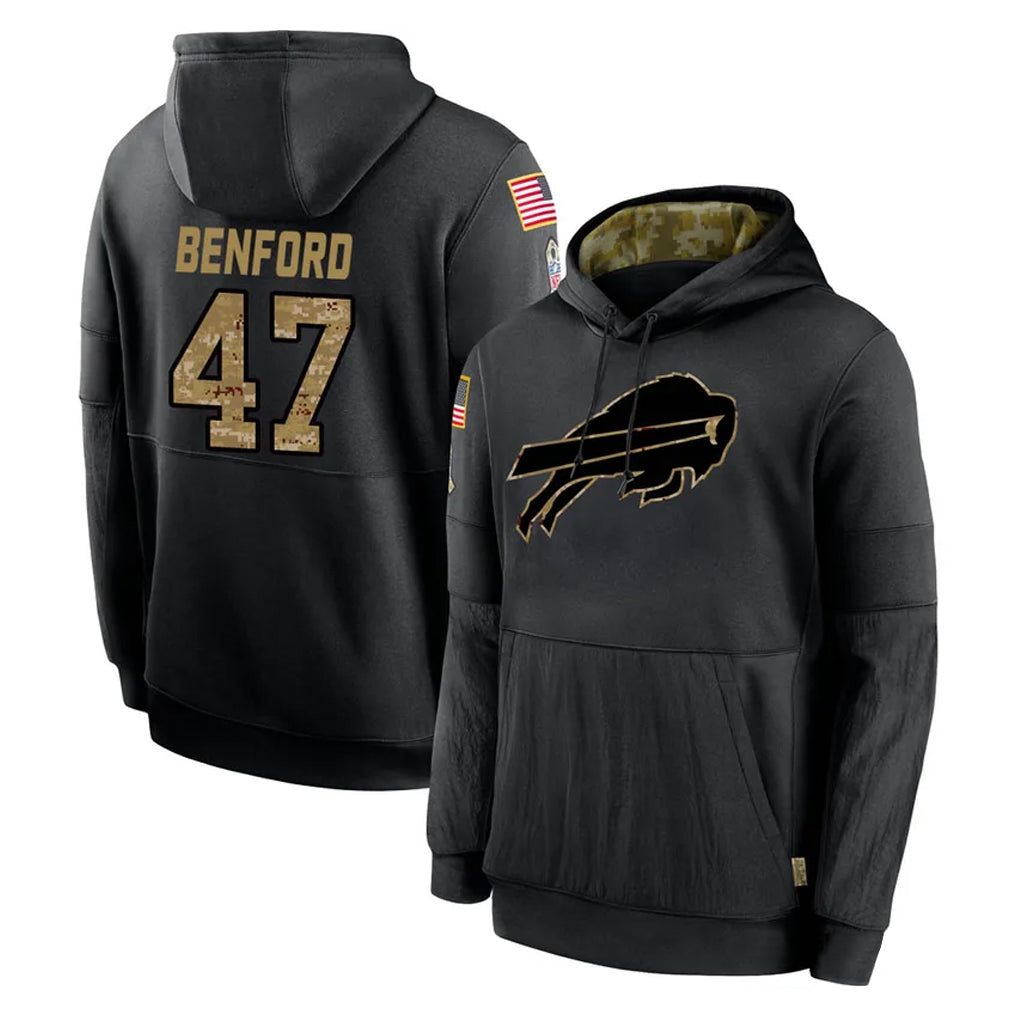 Punc B.Bills #47 Christian Benford Player Black Salute to Service Hoodies Hame Stitched Jerseys