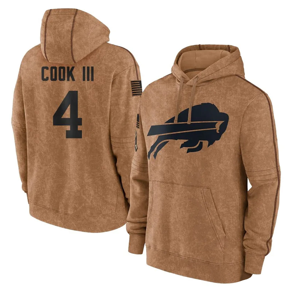 Punc B.Bills #4 James Cook III Player Brown Salute to Service Hoodies Stitched Jerseys