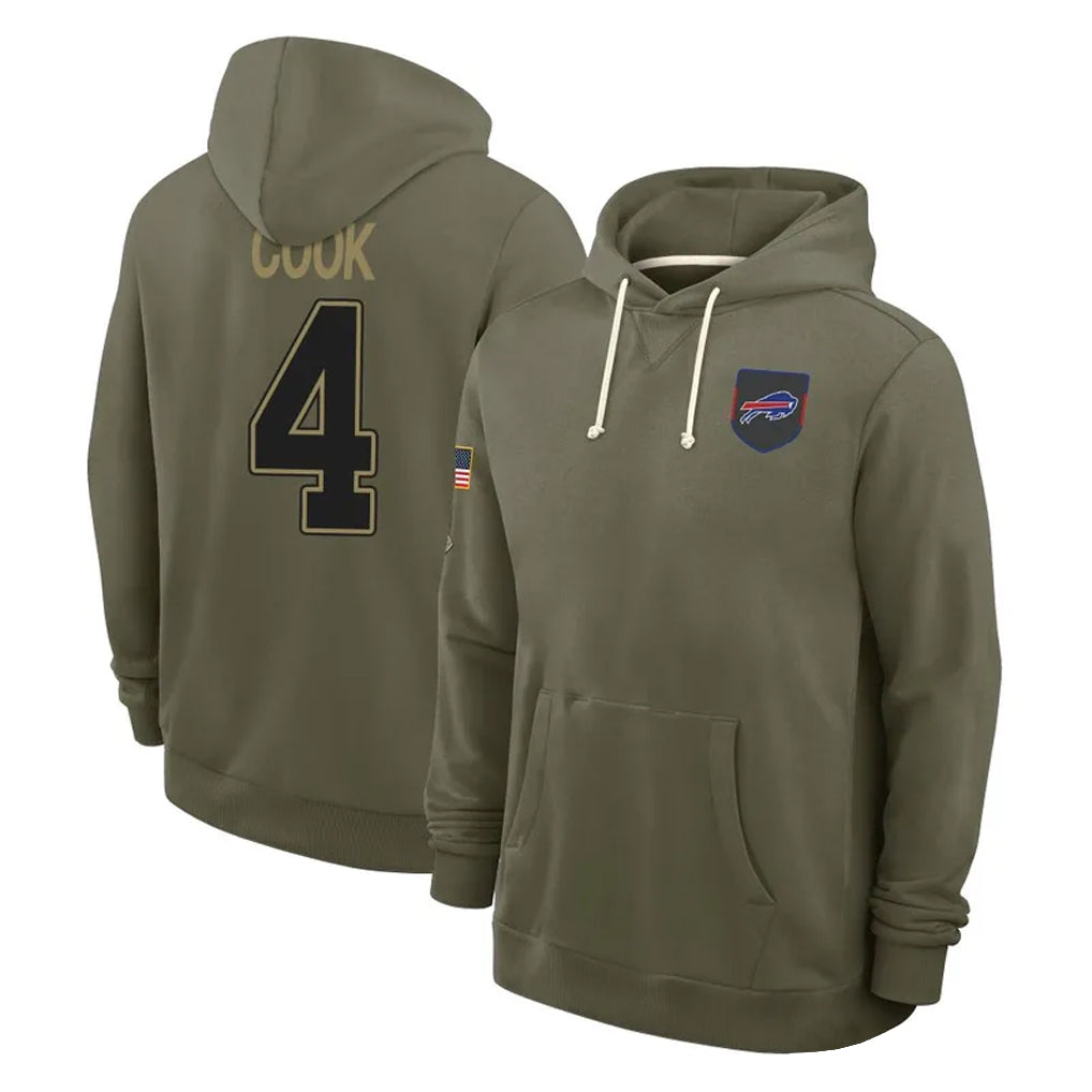 Punc B.Bills #4 James Cook III Player Salute to Service Olive Hoodies  Stitched Jerseys