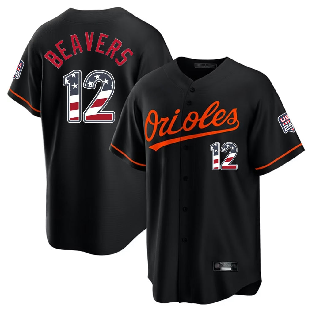 Punc B.Orioles #12 Dylan Beavers Player Black USA 250 Fourth of July Home Game Stitched Jerseys
