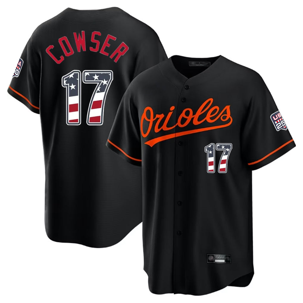 Punc B.Orioles #17 Colton Cowser Player Black USA 250 Fourth of July Home Game Stitched Jerseys