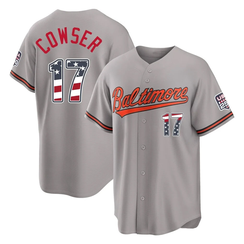 Punc B.Orioles #17 Colton Cowser Player Gray USA 250 Fourth of July Home Game Stitched Jerseys