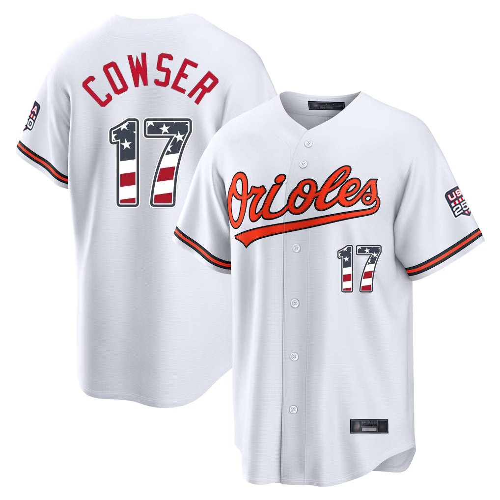 Punc B.Orioles #17 Colton Cowser Player White USA 250 Fourth of July Home Game Stitched Jerseys
