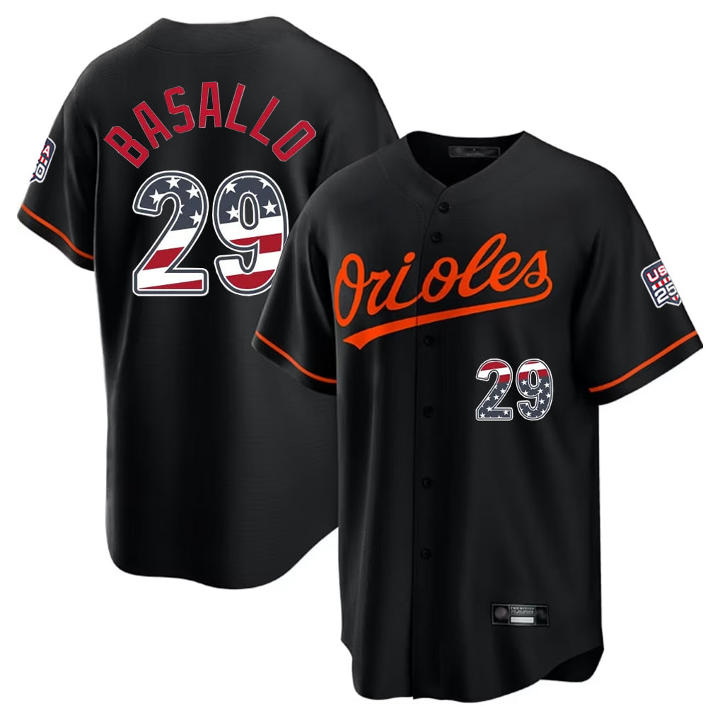 Punc B.Orioles #29 Samuel Basallo Player Black USA 250 Fourth of July Home Game Stitched Jerseys