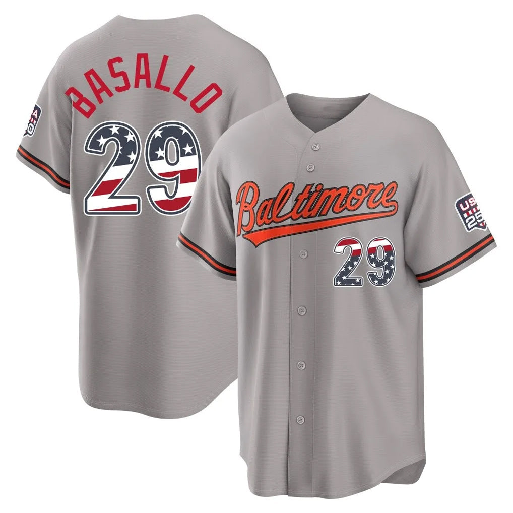 Punc B.Orioles #29 Samuel Basallo Player Gray USA 250 Fourth of July Home Game Stitched Jerseys