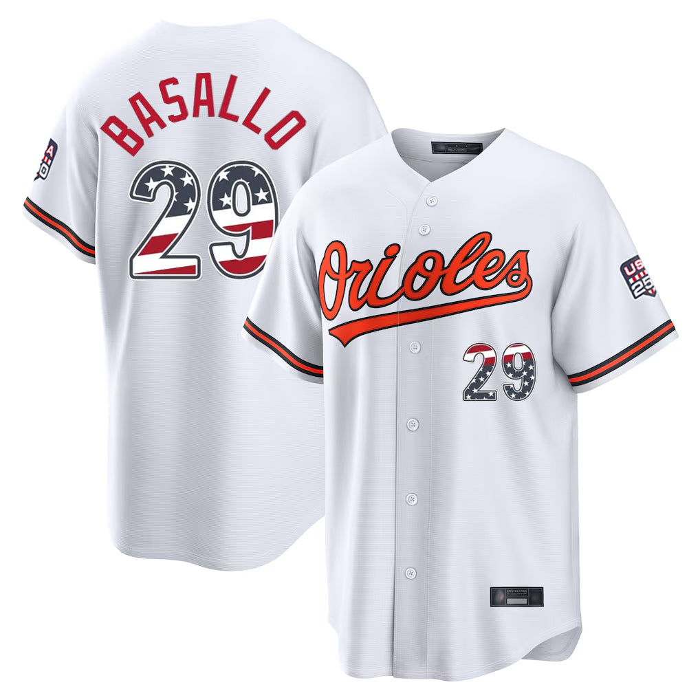 Punc B.Orioles #29 Samuel Basallo Player White USA 250 Fourth of July Home Game Stitched Jerseys