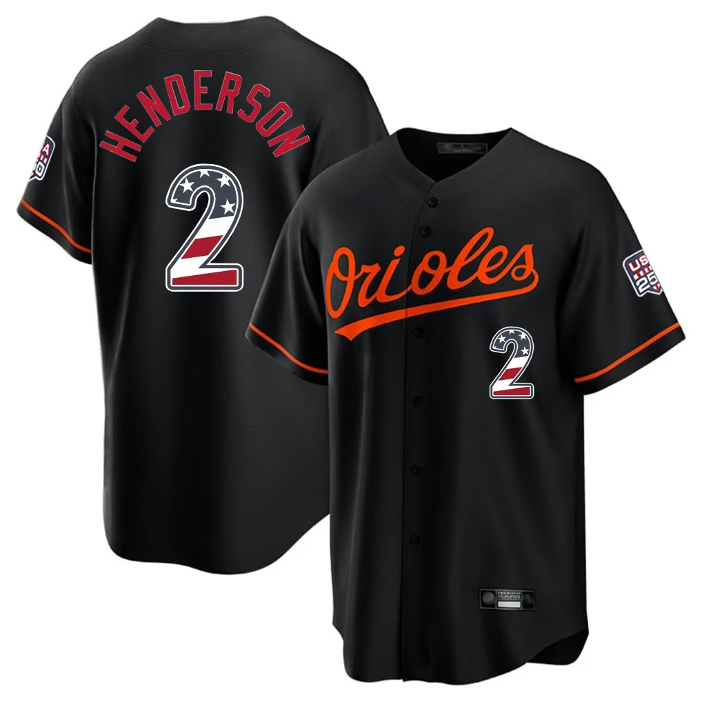 Punc B.Orioles #2 Gunnar Henderson Player Black USA 250 Fourth of July Home Game Stitched Jerseys