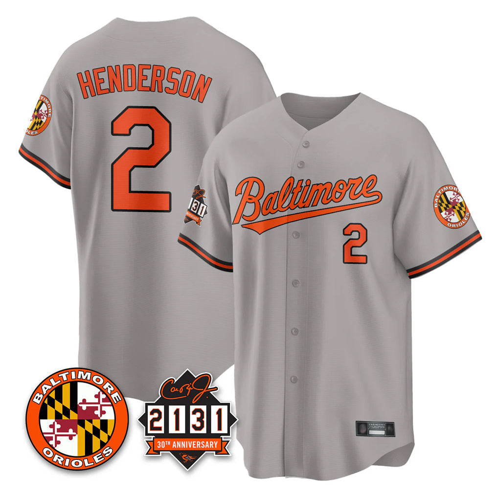 Punc B.Orioles #2 Gunnar Henderson Player Gray 30th Anniversary of 2131 Home Game Stitched Jerseys
