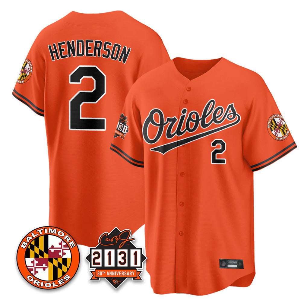 Punc B.Orioles #2 Gunnar Henderson Player Orange 30th Anniversary of 2131 Home Game Stitched Jerseys