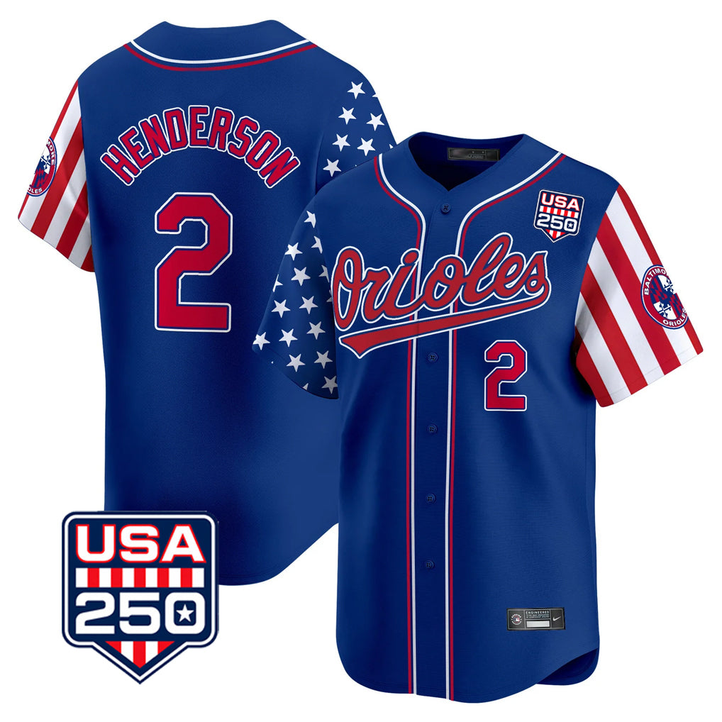 Punc B.Orioles #2 Gunnar Henderson Player Royal USA 250 Independence Day Vapor Premier Limited Home Game Stitched Jerseys