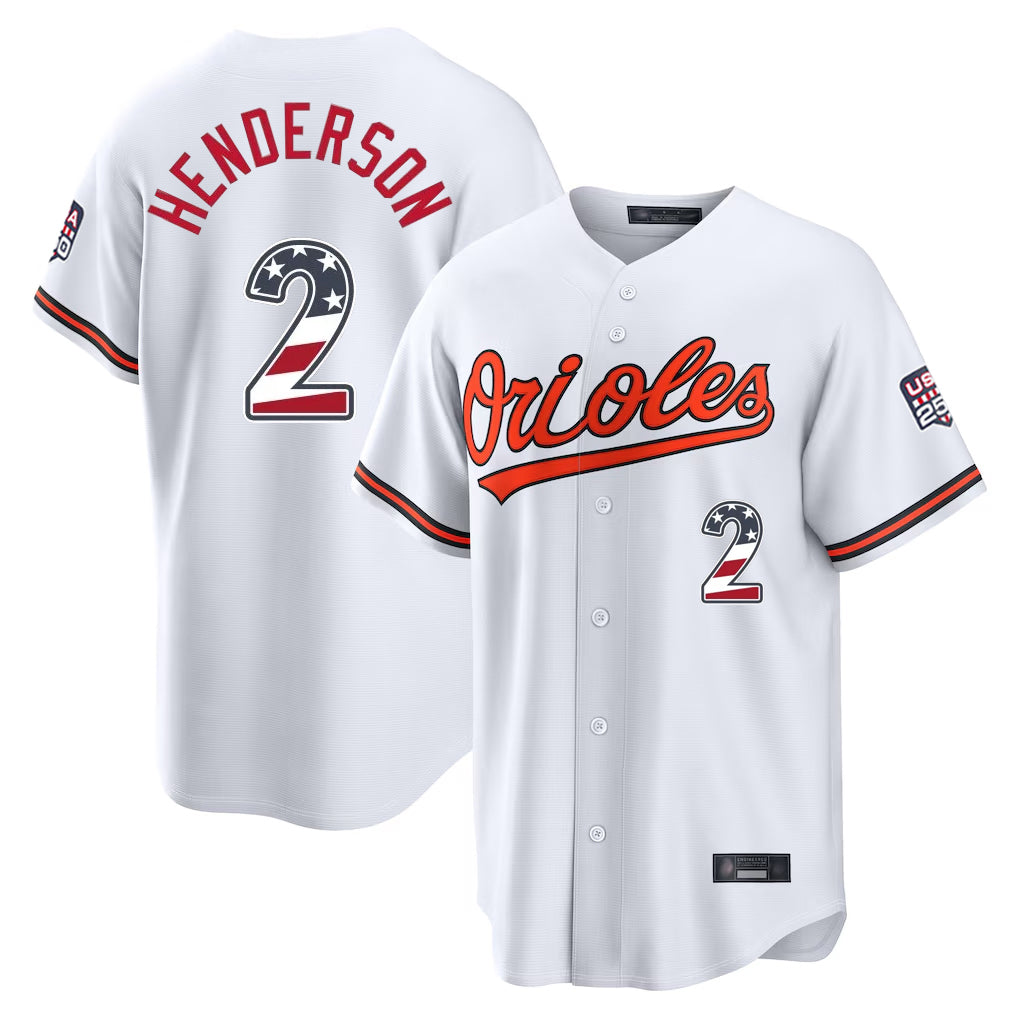 Punc B.Orioles #2 Gunnar Henderson Player White USA 250 Fourth of July Home Game Stitched Jerseys