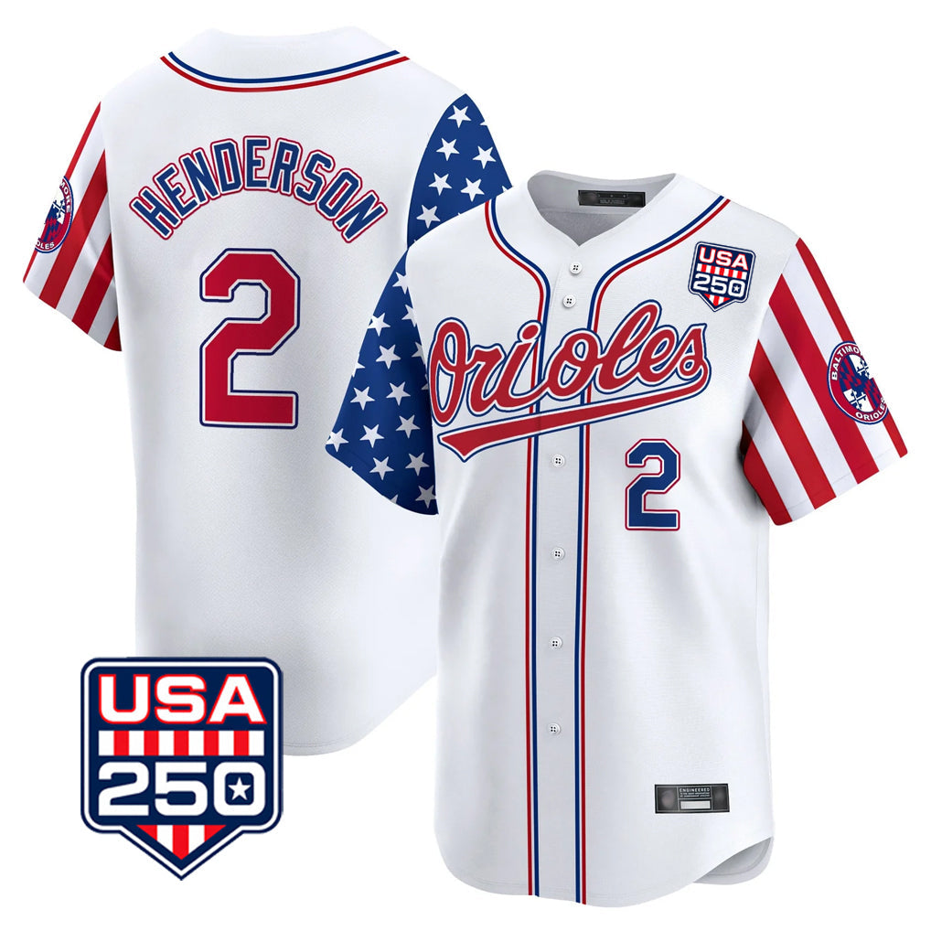 Punc B.Orioles #2 Gunnar Henderson Player White USA 250 Independence Day Vapor Premier Home Game Stitched Jerseys