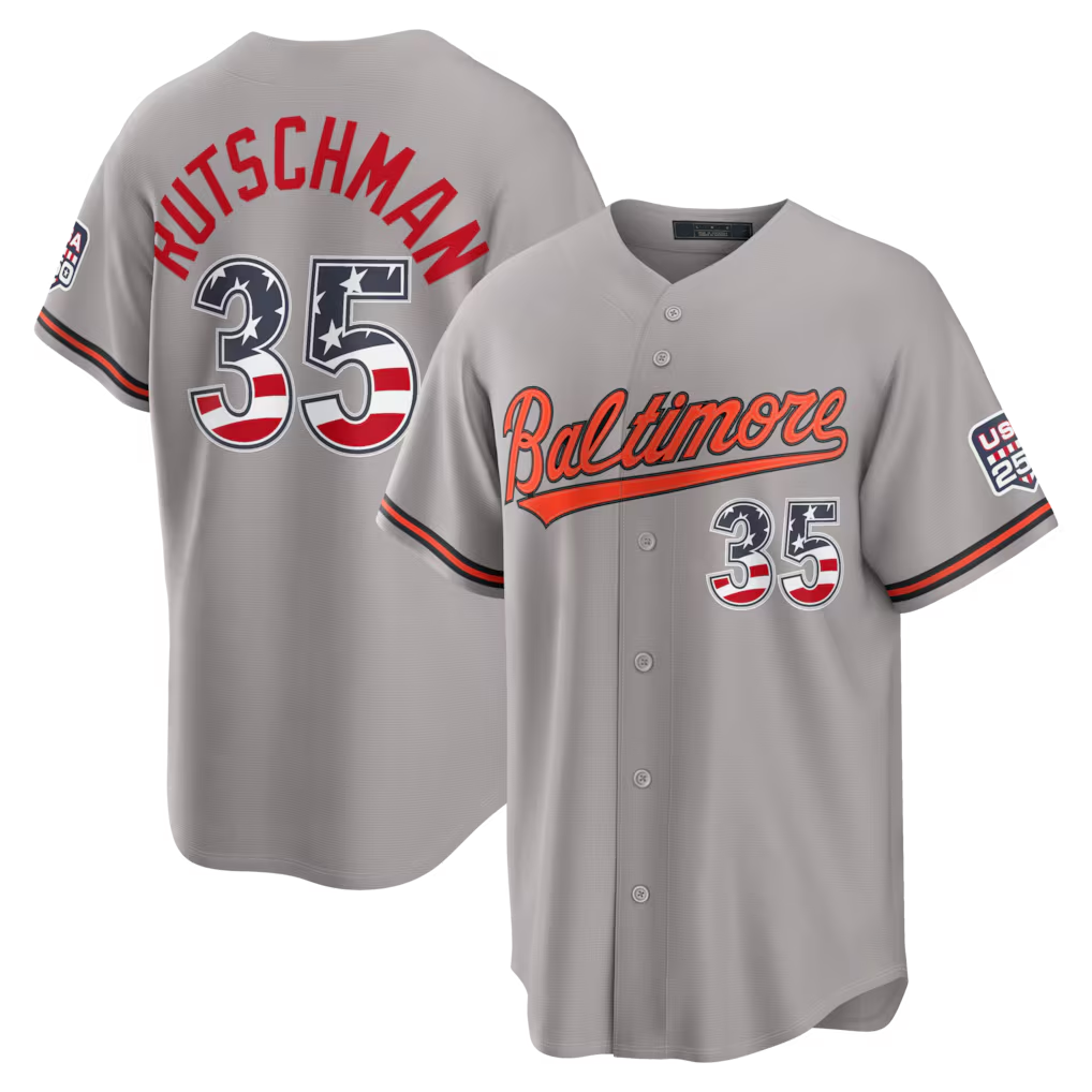 Punc B.Orioles #35 Adley Rutschman Gray USA 250 Fourth of July Road Stadium Jersey
