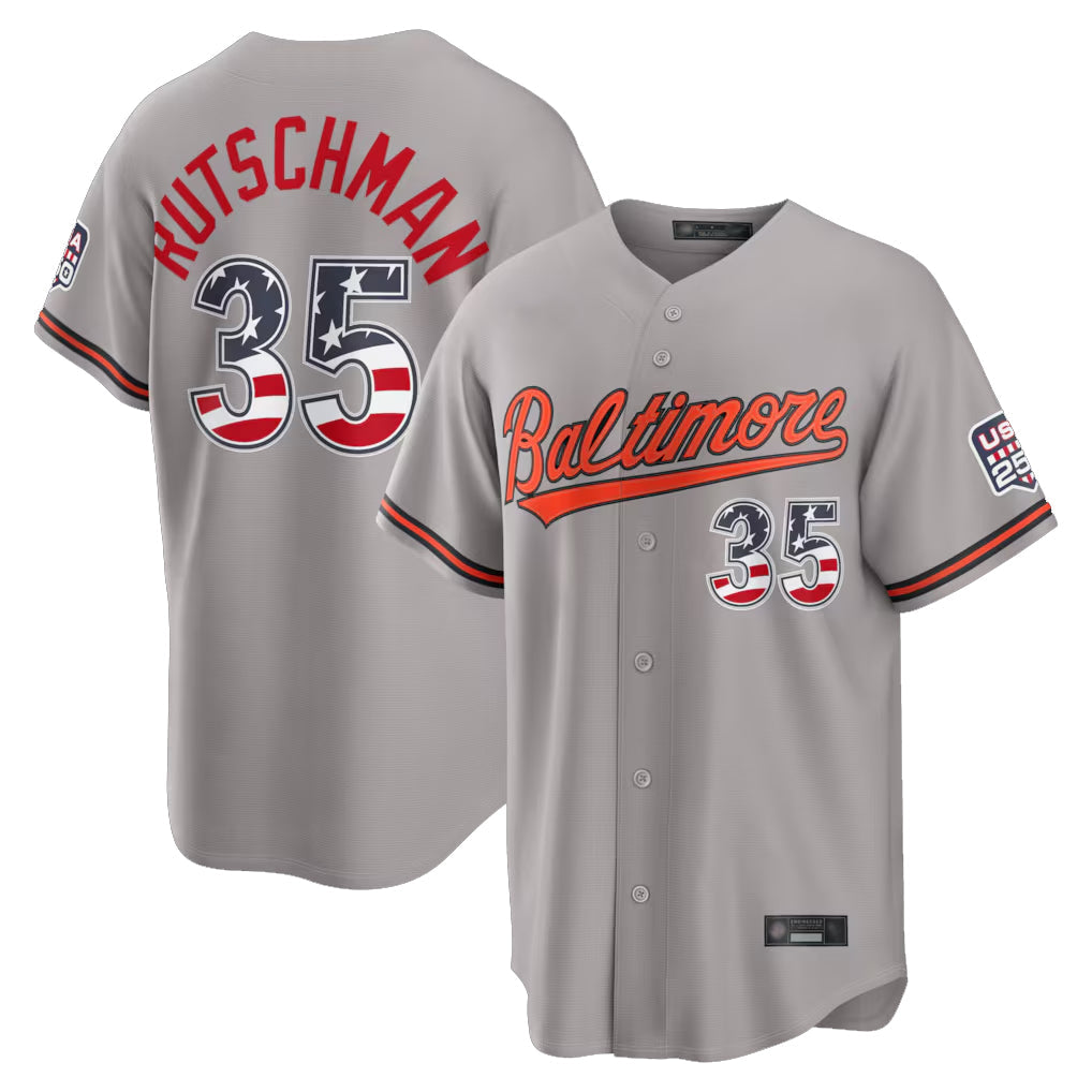 Punc B.Orioles #35 Adley Rutschman Gray USA 250 Fourth of July Home Game Stitched Jerseys