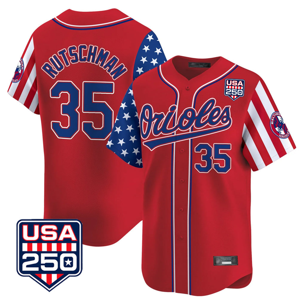 Punc B.Orioles #35 Adley Rutschman Red USA 250 Independence Day Vapor Premier Limited Home Game Stitched Jerseys