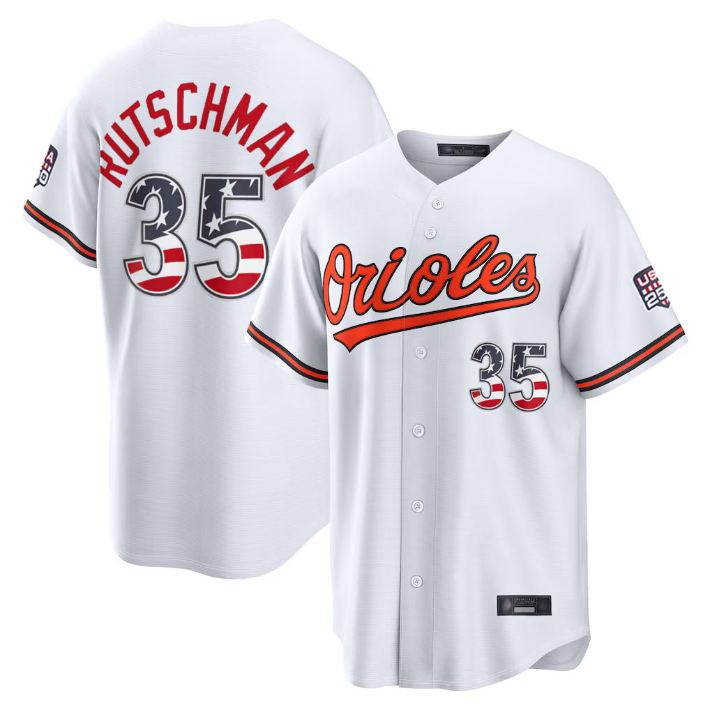Punc B.Orioles #35 Adley Rutschman White USA 250 Fourth of July Home Game Stitched Jerseys