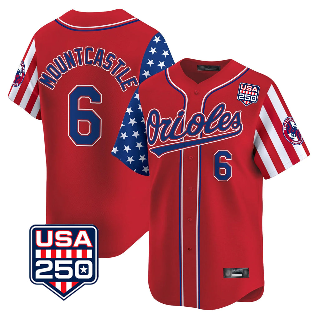 Punc B.Orioles #6 Ryan Mountcastle Player Red USA 250 Independence Day Vapor Premier Limited Home Game Stitched Jerseys