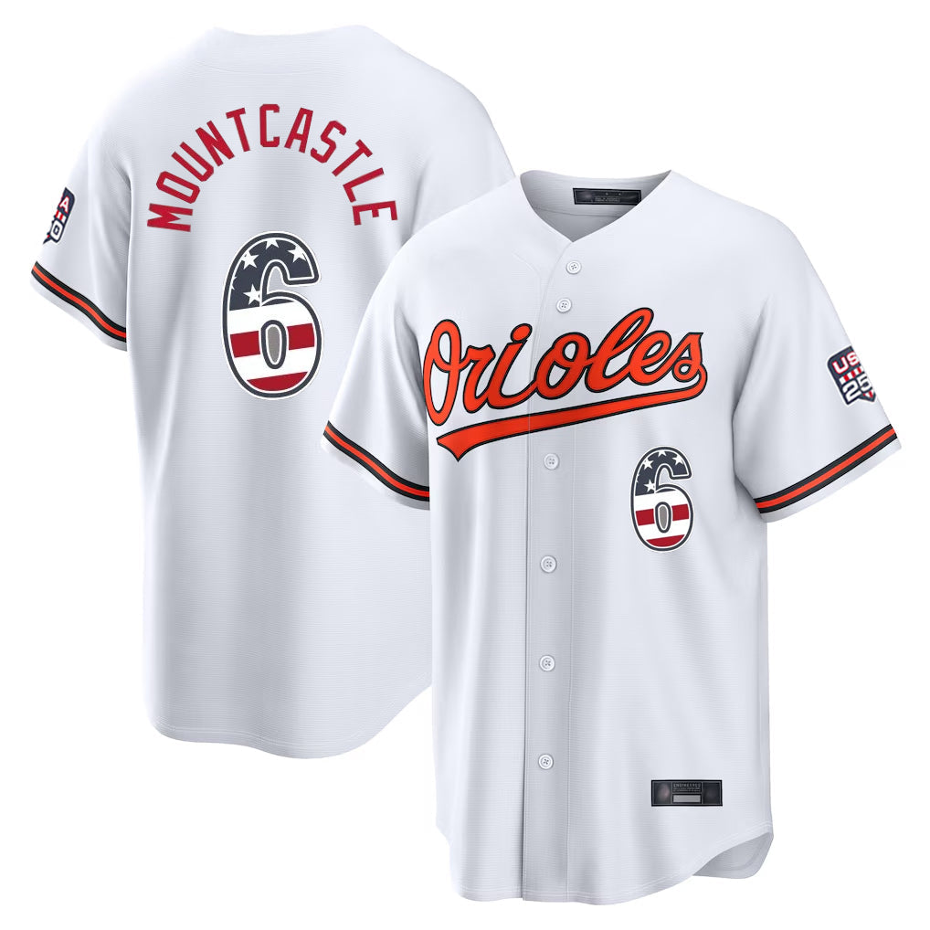Punc B.Orioles #6 Ryan Mountcastle Player White USA 250 Fourth of July Home Game Stitched Jerseys