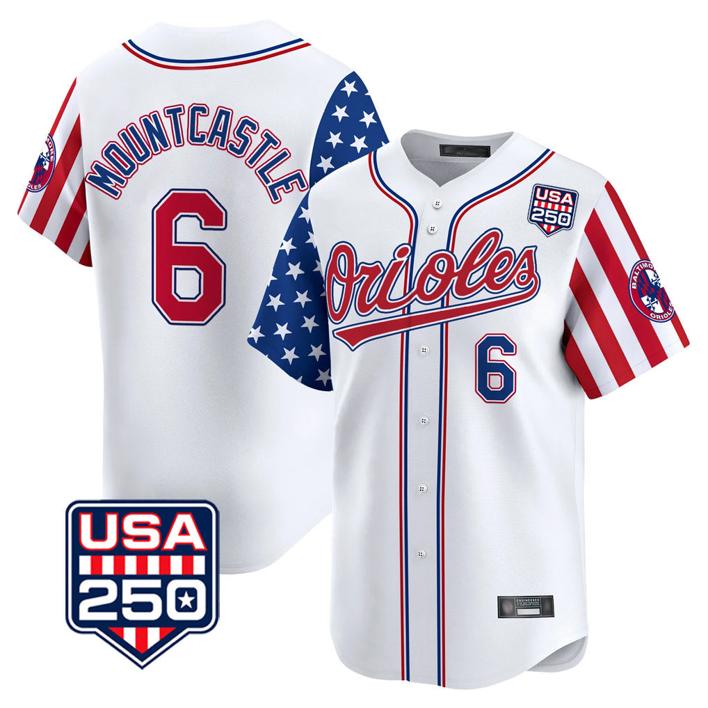 Punc B.Orioles #6 Ryan Mountcastle Player White USA 250 Independence Day Vapor Premier Home Game Stitched Jerseys
