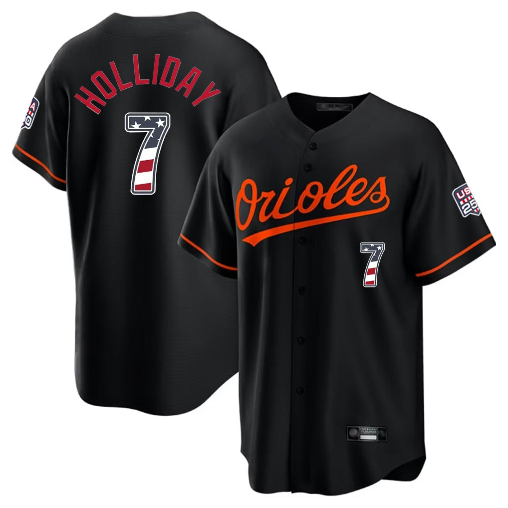 Punc B.Orioles #7 Jackson Holliday Player Black USA 250 Fourth of July Home Game Stitched Jerseys