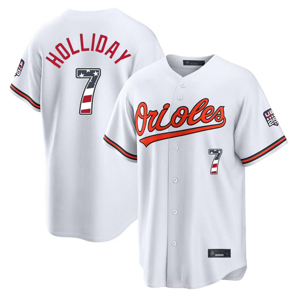 Punc B.Orioles #7 Jackson Holliday Player White USA 250 Fourth of July Home Game Stitched Jerseys