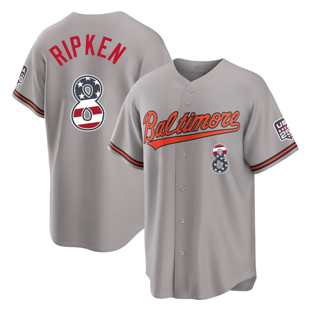 Punc B.Orioles #8 Cal Ripken Player Gray USA 250 Fourth of July Home Game Stitched Jerseys