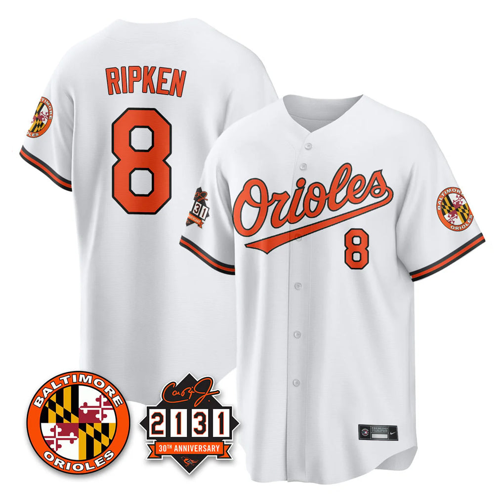Punc B.Orioles #8 Cal Ripken Player White 30th Anniversary of 2131 Home Game Stitched Jerseys