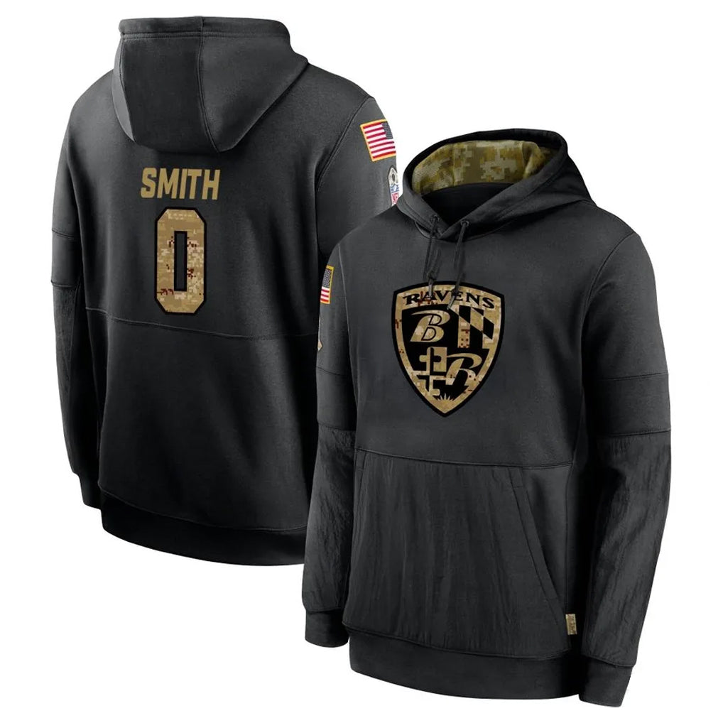Punc B.Ravens #0 Roquan Smith Player Black Salute to Service Pullover Hoodie Stitched Jerseys