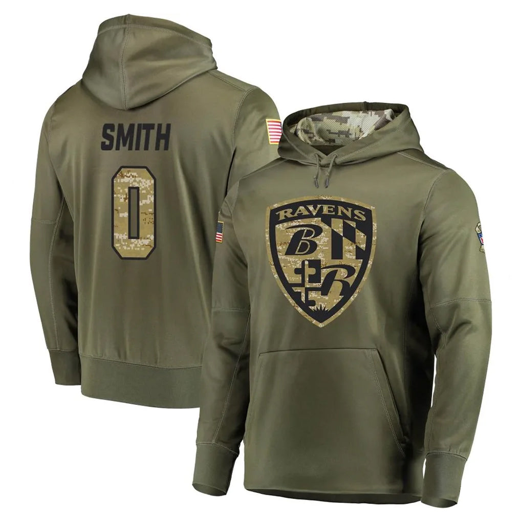 Punc B.Ravens #0 Roquan Smith Player Olive Salute to Service Pullover Hoodie Stitched Jerseys