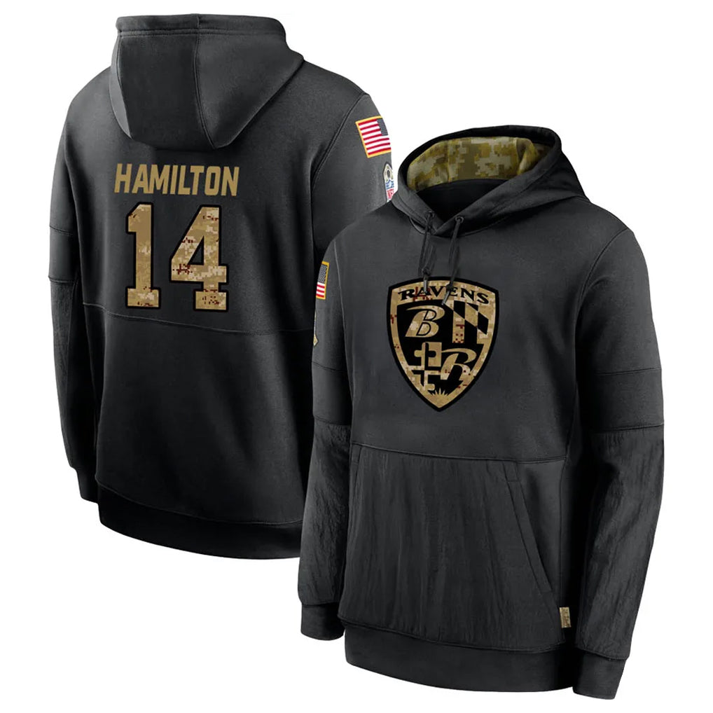 Punc B.Ravens #14 Kyle Hamilton Player Black Salute to Service Pullover Hoodie Stitched Jerseys