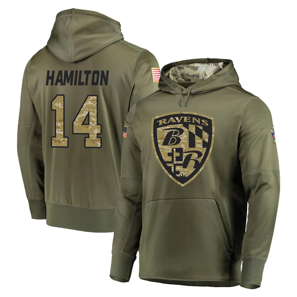 Punc B.Ravens #14 Kyle Hamilton Player Olive Salute to Service Pullover Hoodie Stitched Jerseys