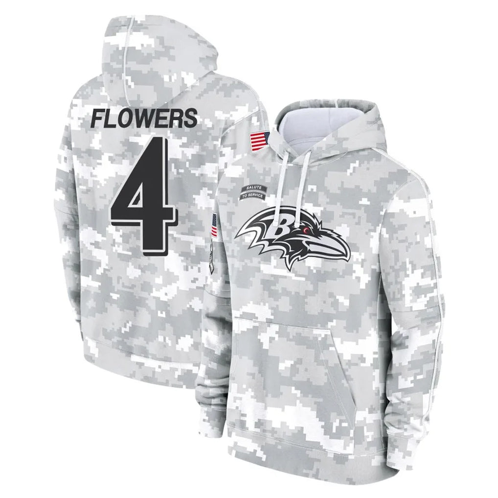 Punc B.Ravens #4 Zay Flowers Player Arctic Camo Salute to Service Pullover Hoodie Stitched Jerseys