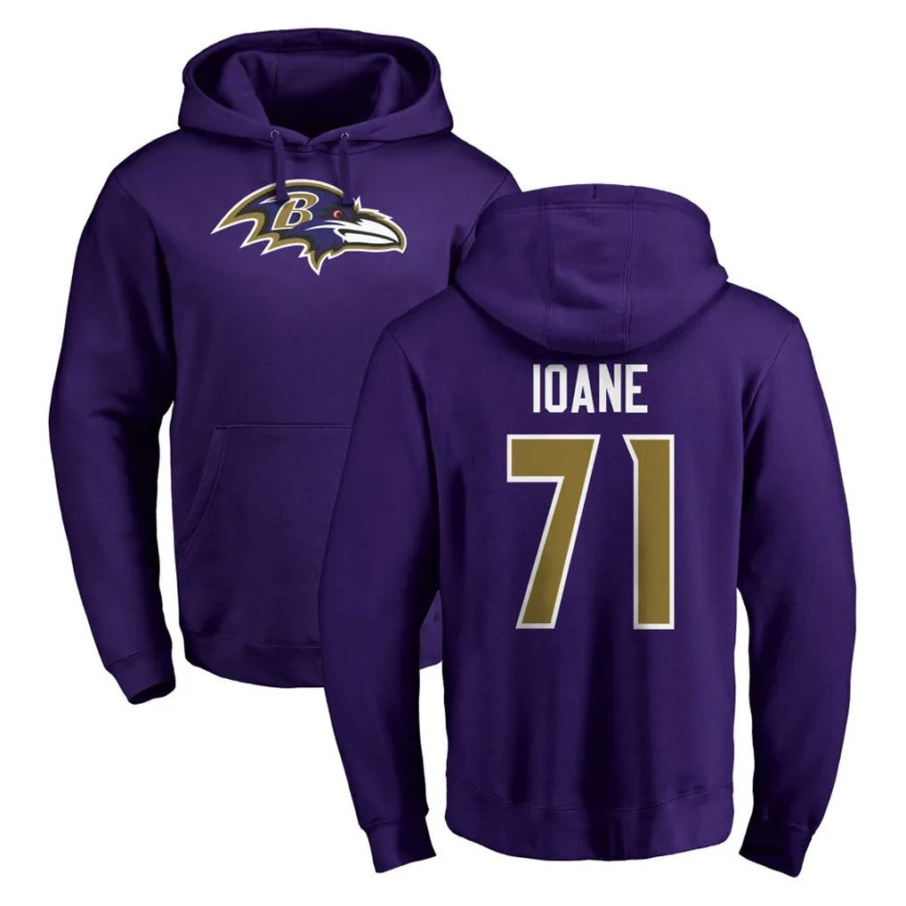 Punc B.Ravens #71 Olaivavega Ioane Player Purple Salute to Service Pullover Hoodie Stitched Jerseys