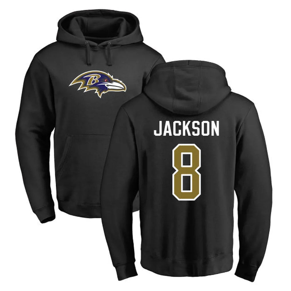 Punc B.Ravens #8 Lamar Jackson Player Black Pullover Hoodie Stitched Jerseys