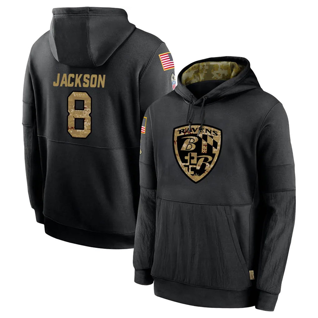 Punc B.Ravens #8 Lamar Jackson Player Black Salute to Service Pullover Hoodie Stitched Jerseys