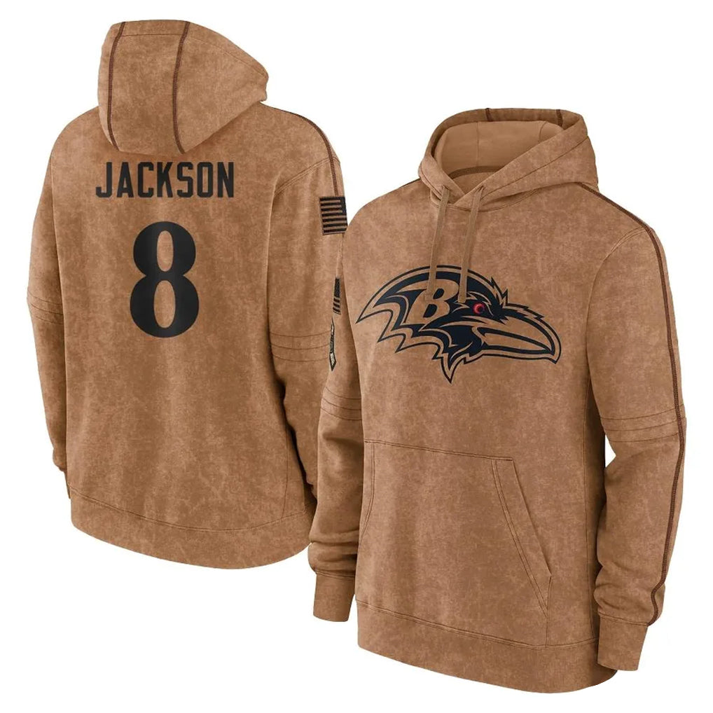 Punc B.Ravens #8 Lamar Jackson Player Brown Salute to Service Pullover Hoodie Stitched Jerseys